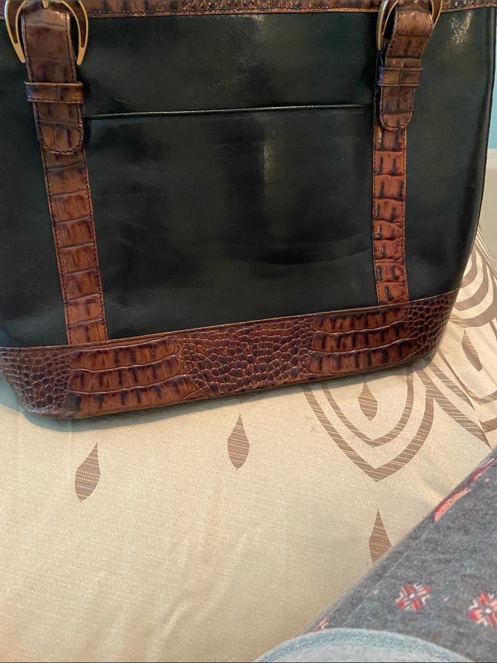 Brahmin Tuscan Collection Black & Brown Croc Embossed Leather Satchel Tote Bag